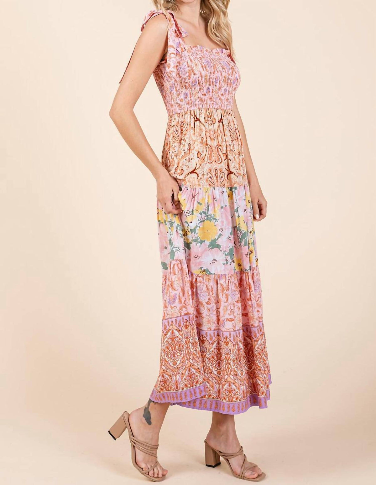 Mittoshop - Tube Patchwork Border Print Midi Dress