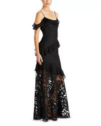 Ml Monique Lhuillier - Siennaruffle Cold Shoulder Lace Gown Dress - black - clothing - dresses