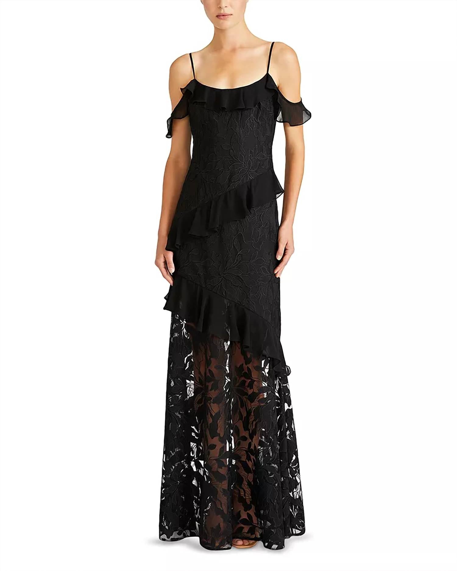 Ml Monique Lhuillier - Siennaruffle Cold Shoulder Lace Gown Dress - black - clothing - dresses