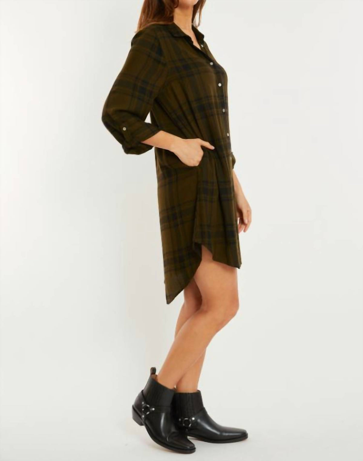 Mododoc - Long Sleeve Plaid Shirt Dress