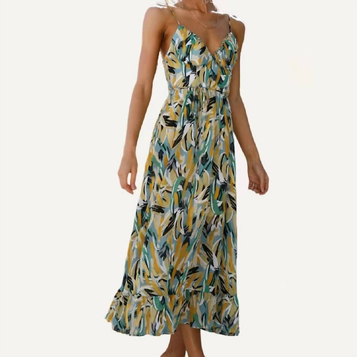 The Moment Collection - Pattern V Neck Spaghetti Straps Midi Dress