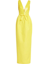 Monique Lhuillier - Faille Sequin Deep V - neck Gown With Bow Detail - clothing - dresses - maxi
