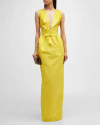 Monique Lhuillier - Faille Sequin Deep V - neck Gown With Bow Detail - clothing - dresses - maxi
