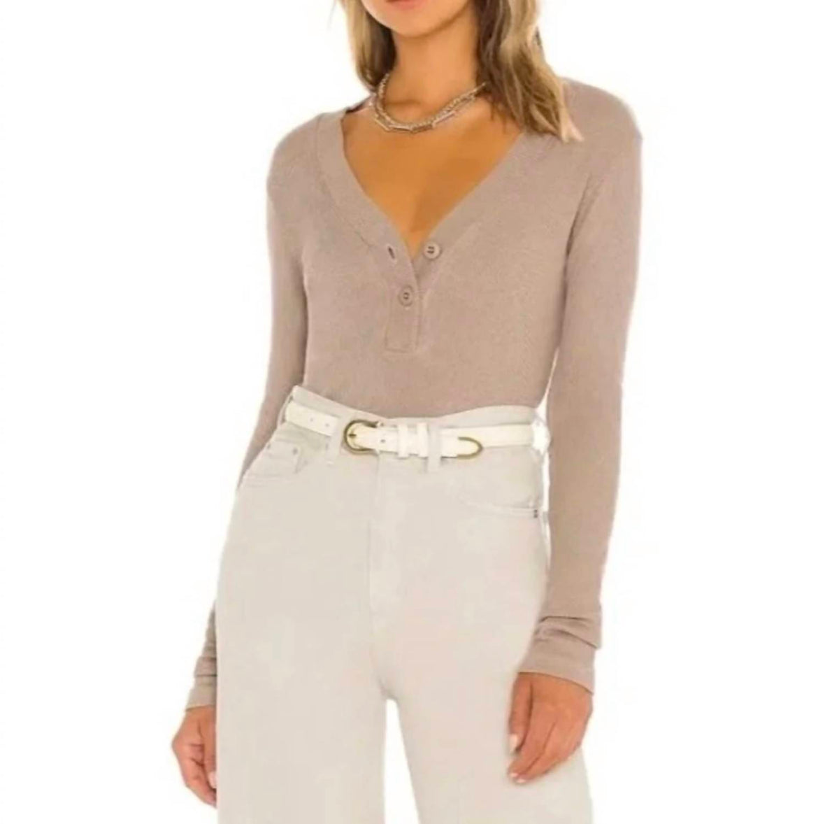 Monrow - RIBBED HENLEY DEEP V TOP