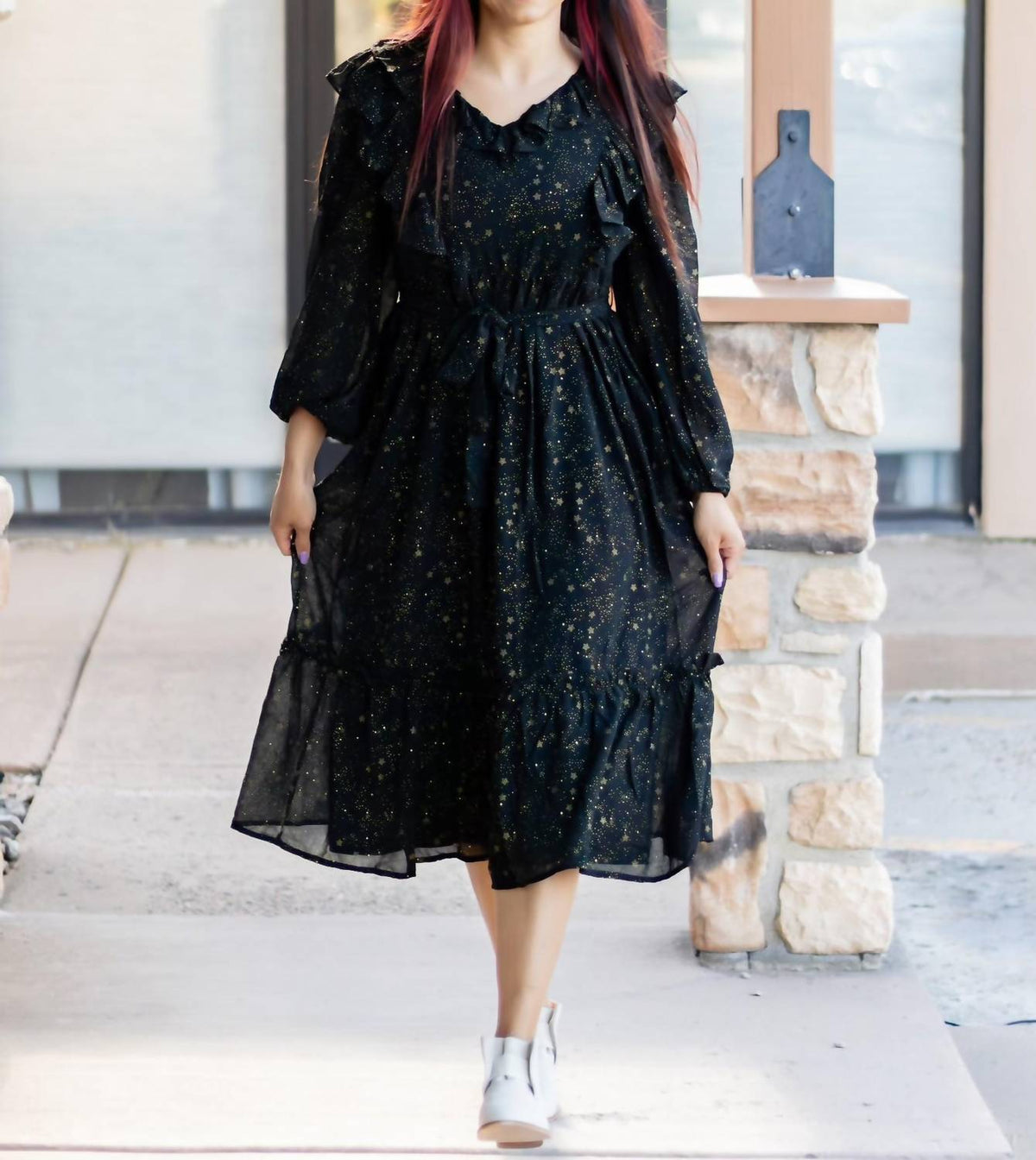 Moon River - Shirred Chiffon Ruffle Midi Dress