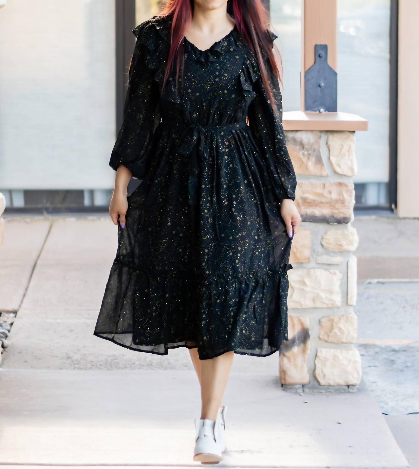 Moon River - Shirred Chiffon Ruffle Midi Dress - black - clothing - dresses