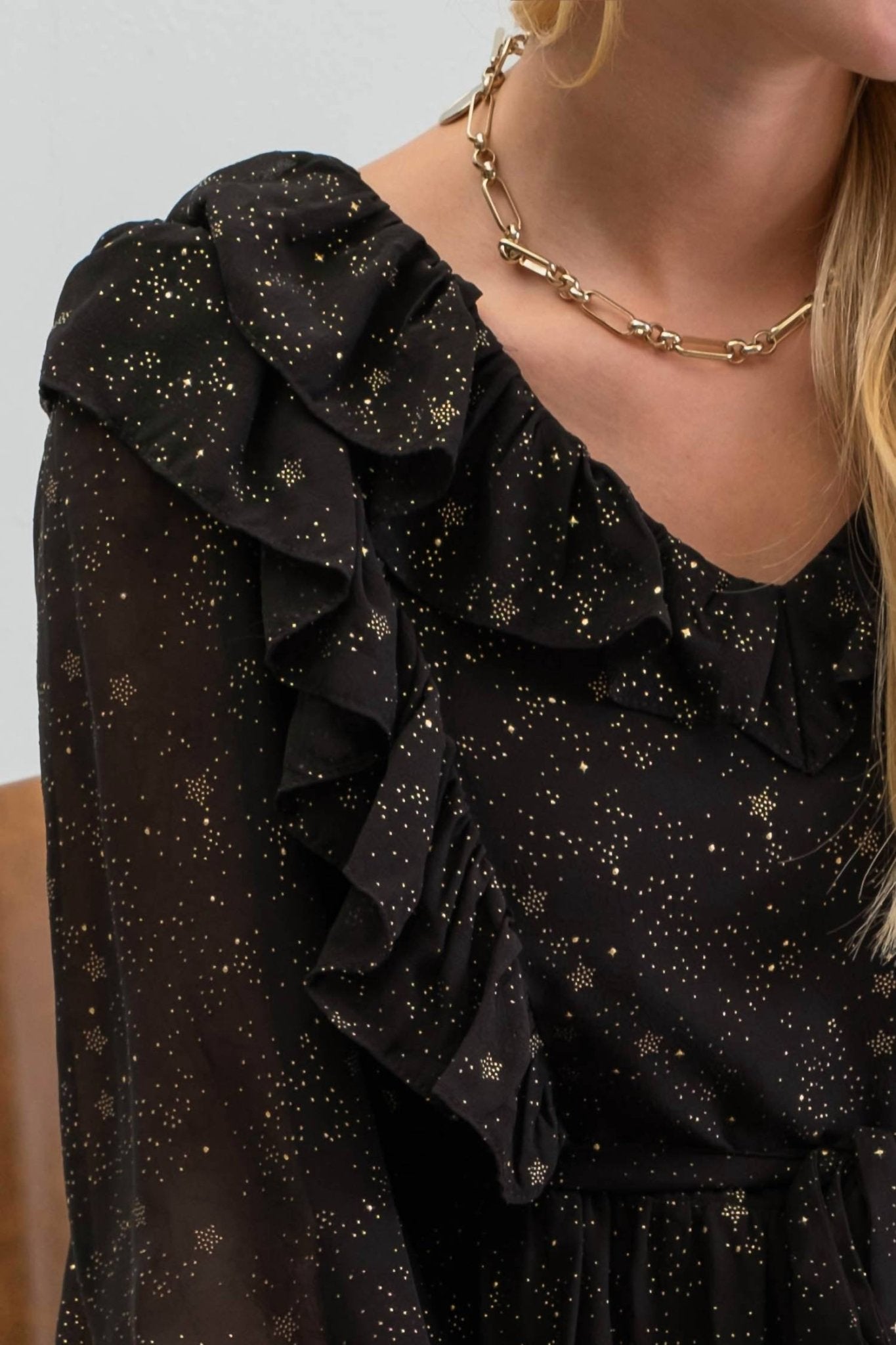 Moon River - Shirred Chiffon Ruffle Midi Dress - black - clothing - dresses