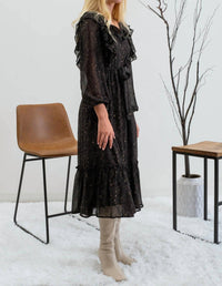 Moon River - Shirred Chiffon Ruffle Midi Dress - black - clothing - dresses