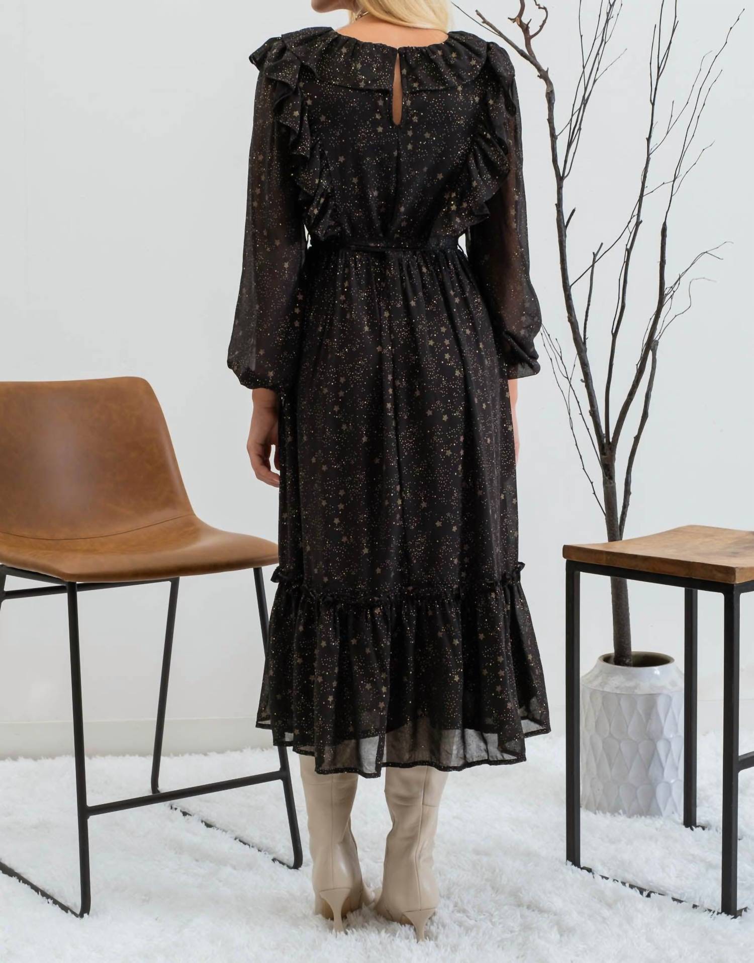 Moon River - Shirred Chiffon Ruffle Midi Dress - black - clothing - dresses