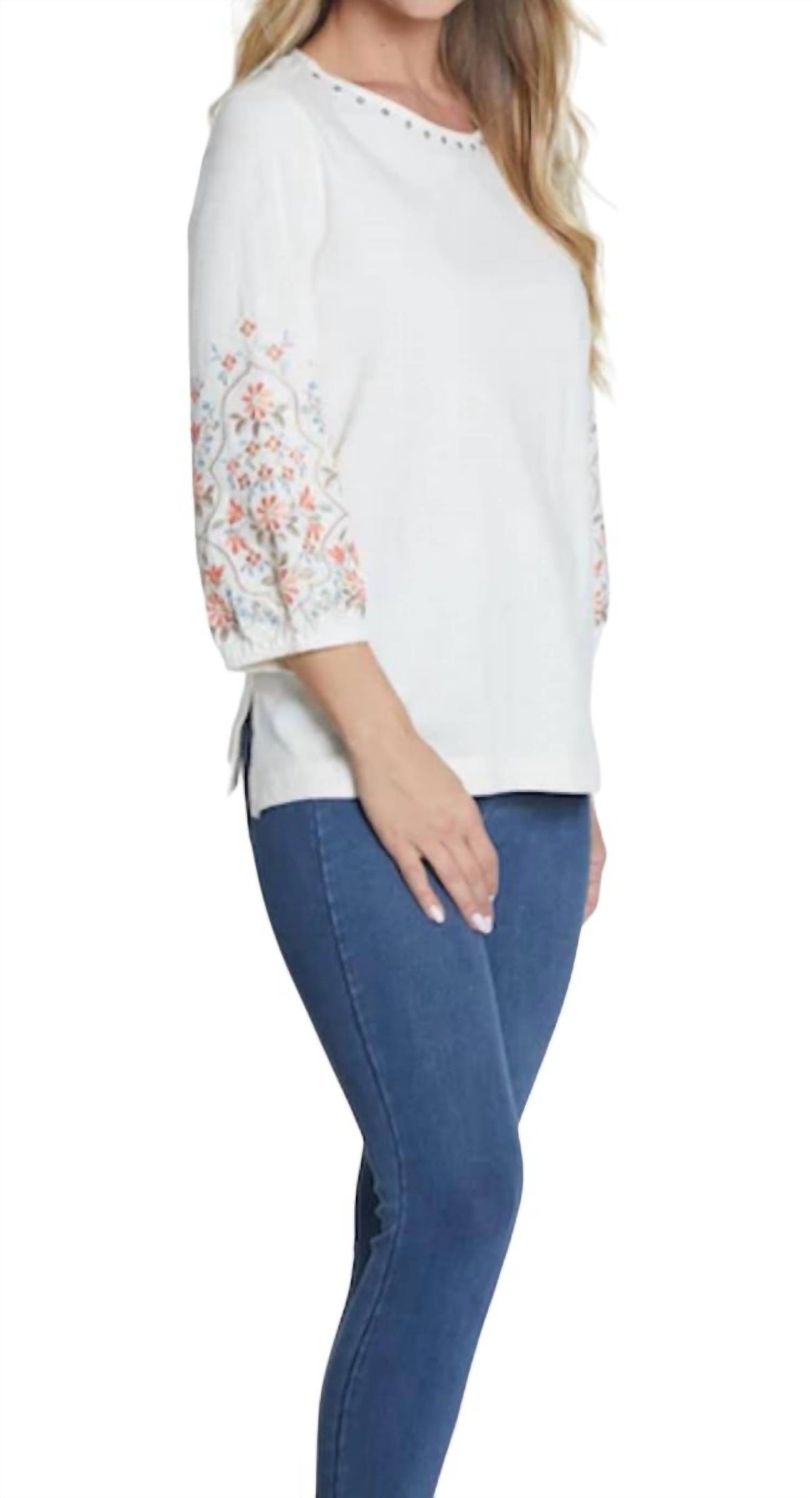 Multiples - 3/4 Embroidered Slub Knit Top