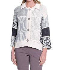 Multiples - 3/4 Sleeve Drop Shoulder Patch Sweater Cardigan