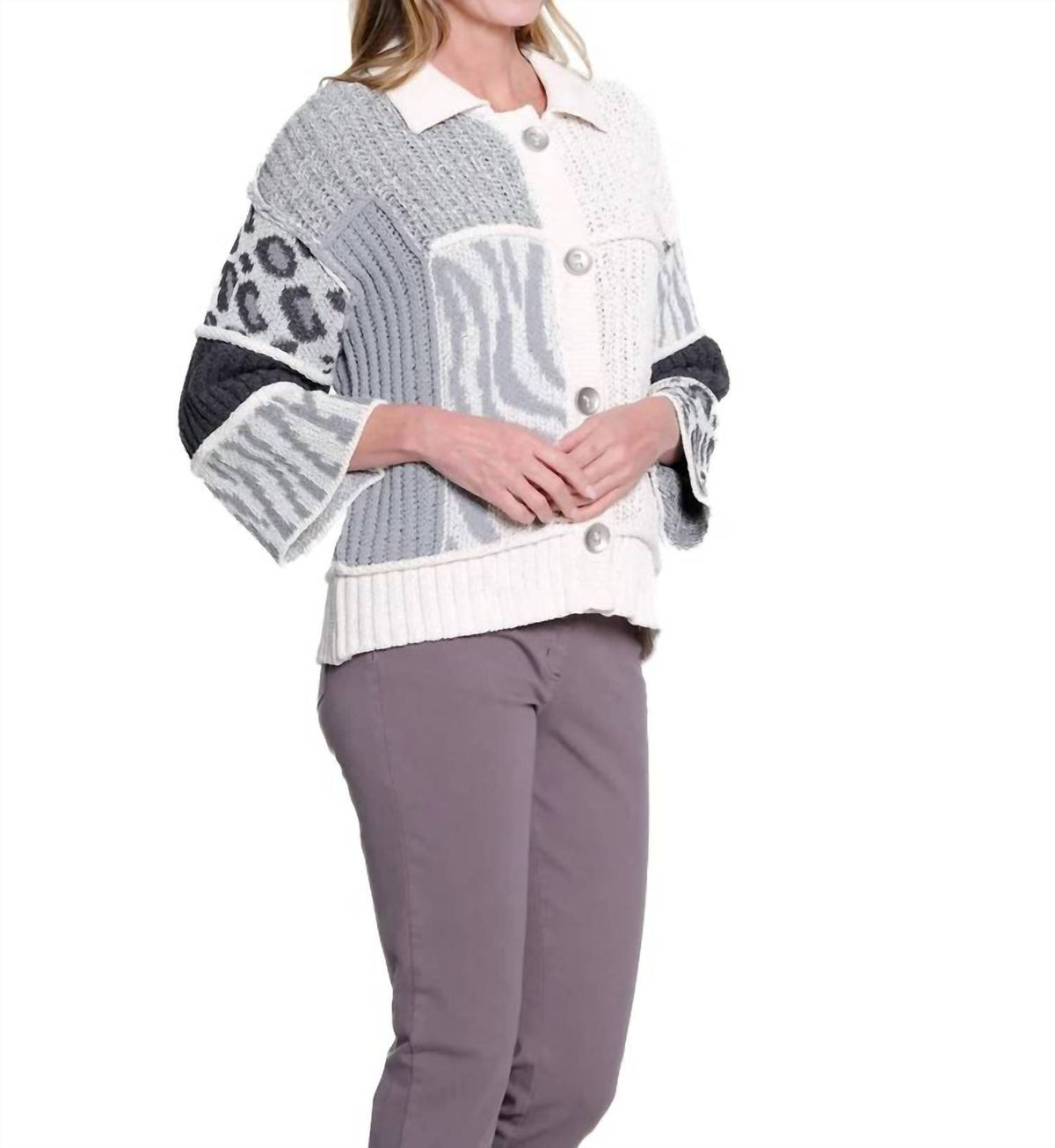 Multiples - 3/4 Sleeve Drop Shoulder Patch Sweater Cardigan