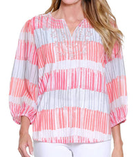 Multiples - 3/4 SLEEVE NOTCH NECK EMBROIDERY TOP