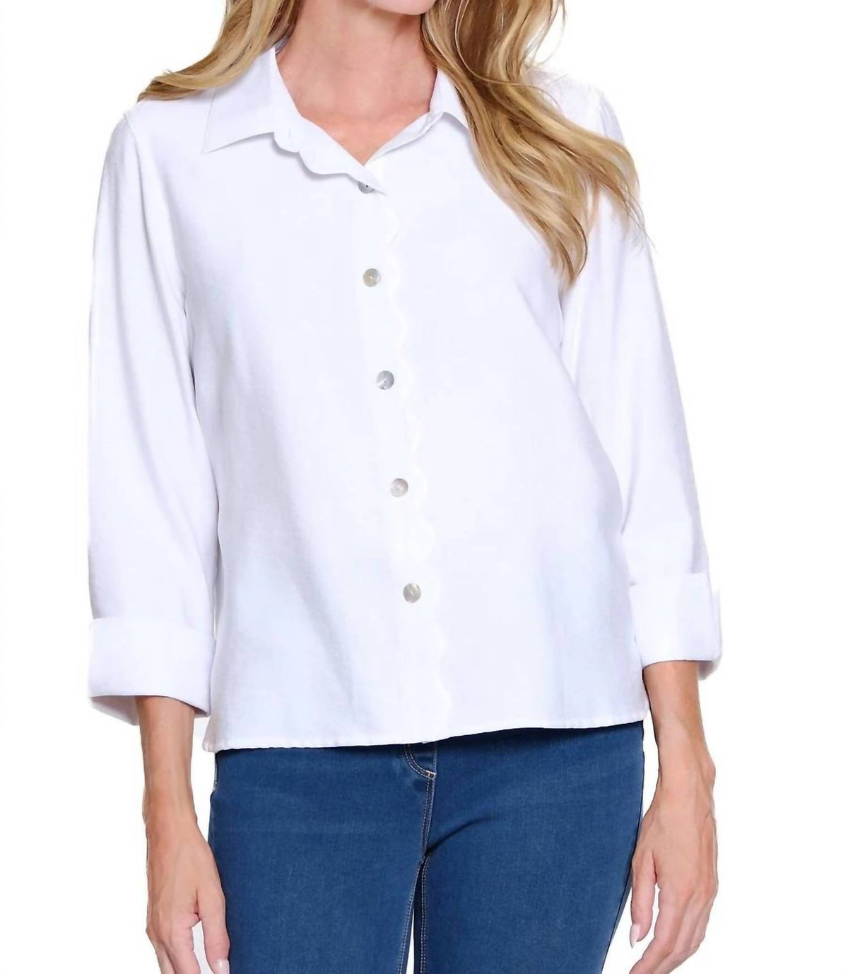 Multiples - 3/4 Sleeve Scallop Button Front Shirt