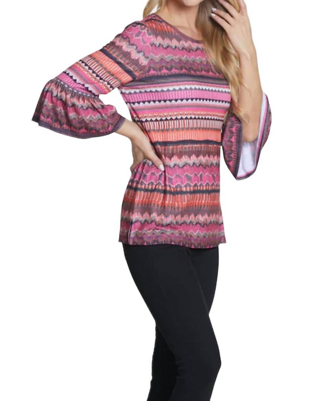 Multiples - Flounce Sleeve Chevron Print Top