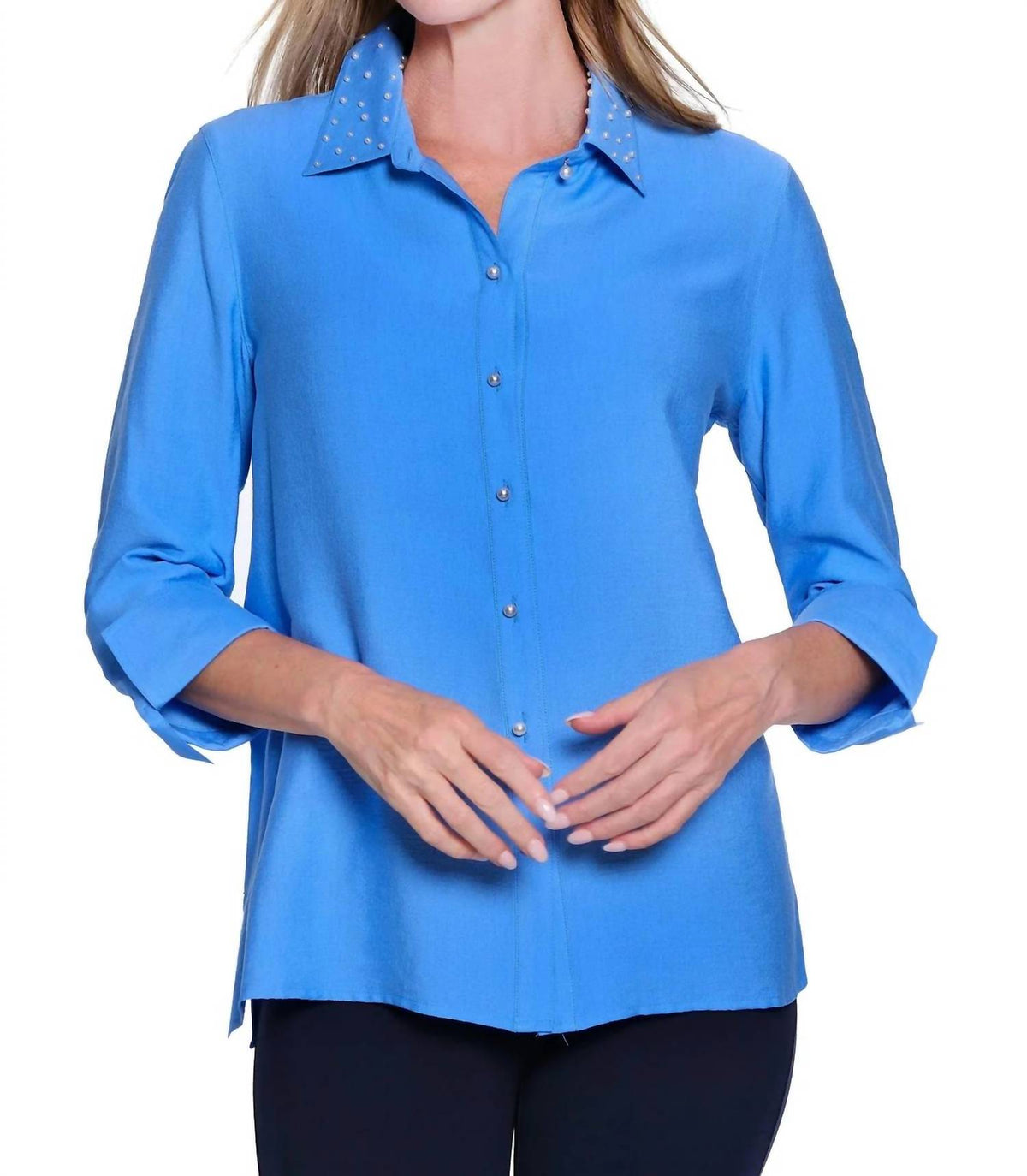 Multiples - Pearl Rivet Button Front Woven Shirt