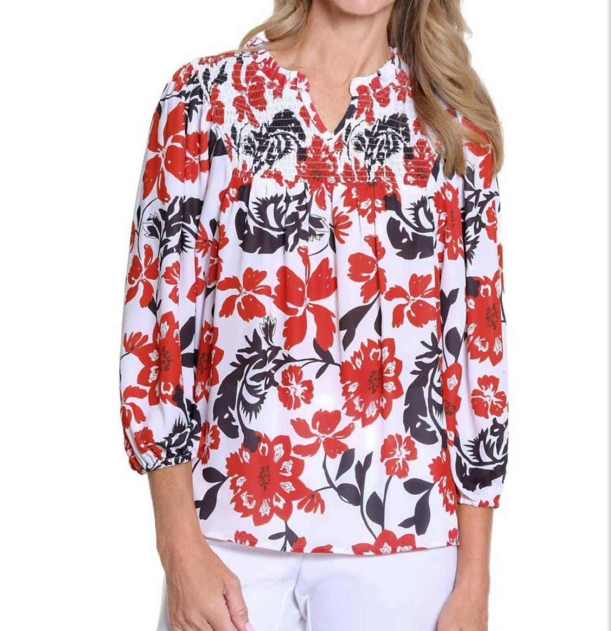 Multiples - Puff Sleeve Ruffle Shirred Woven Top