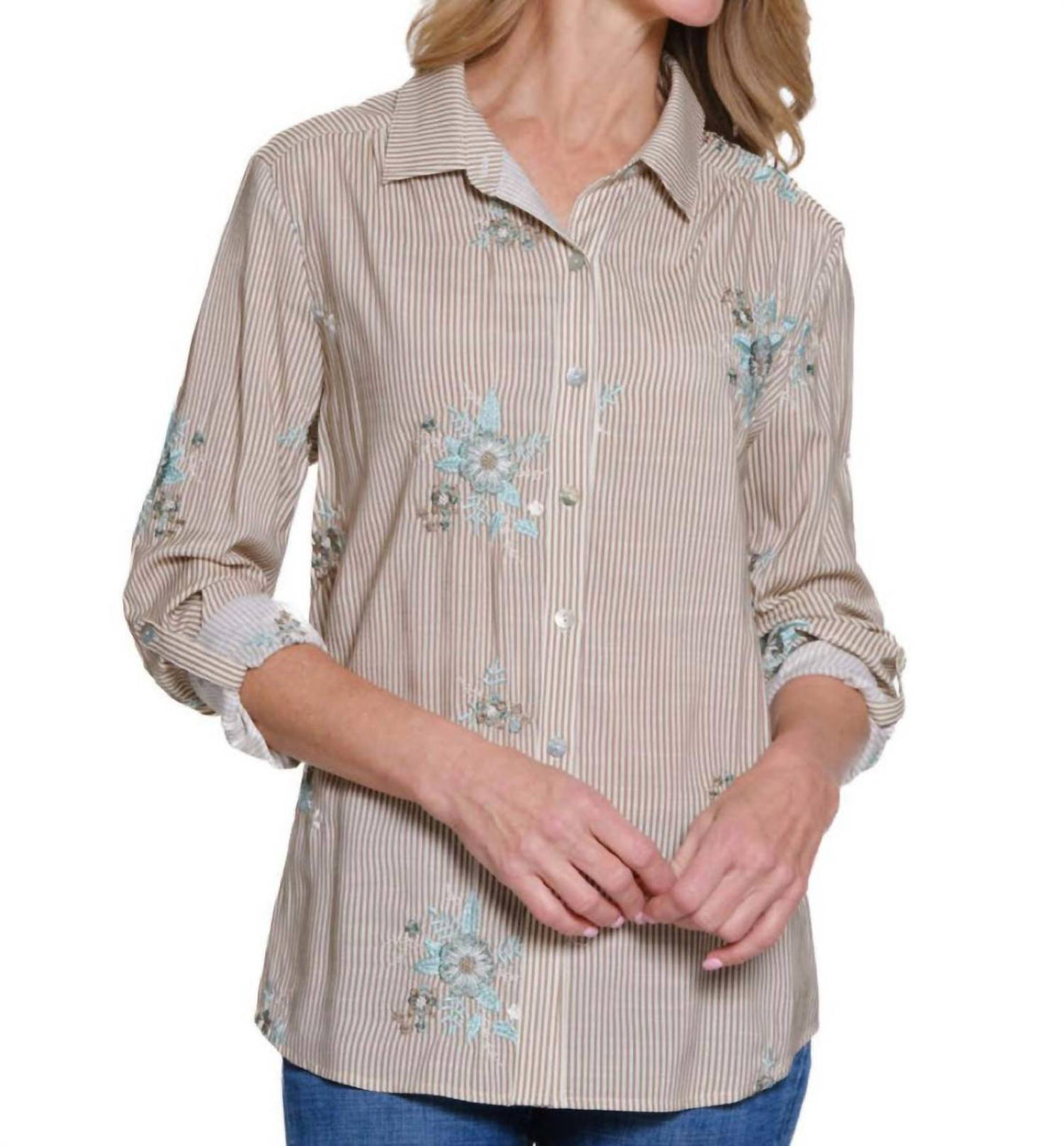 Multiples - Roll Tab Front Button Shirt With Embroidery