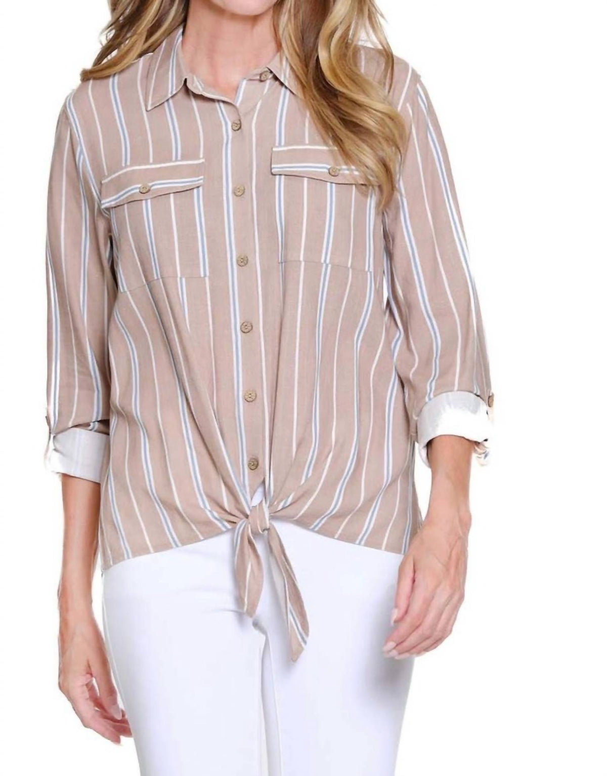 Multiples - Striped Tie Front Button-up Top