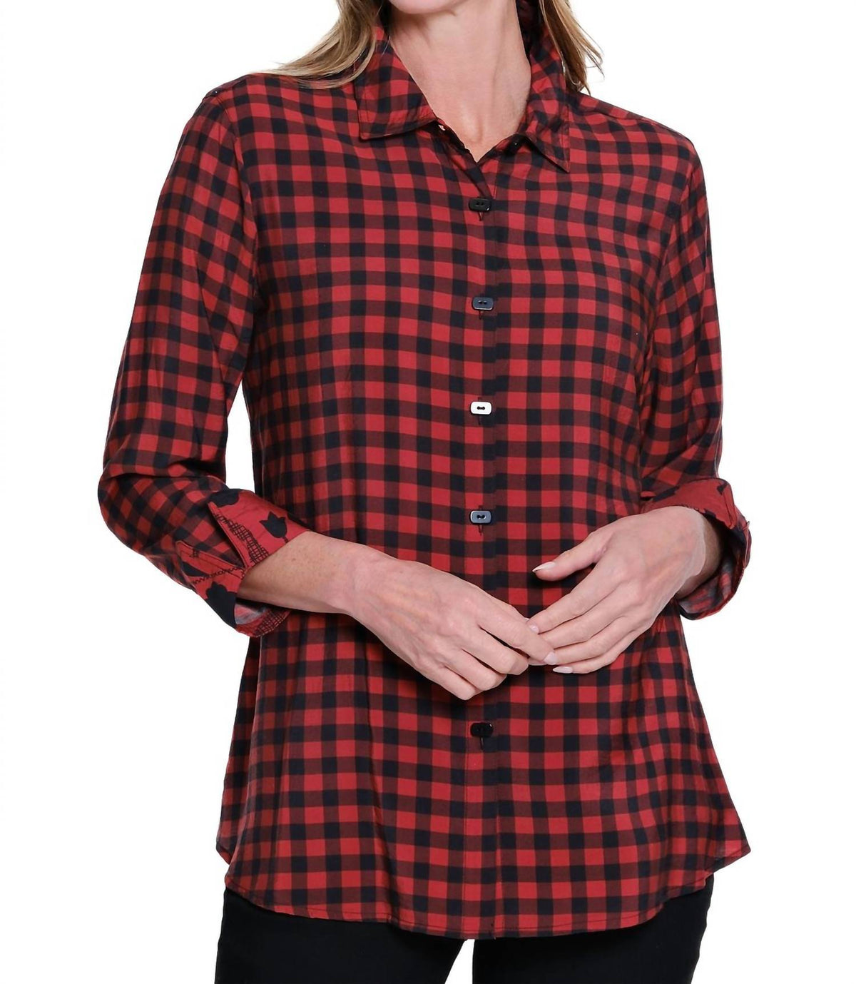 Multiples - Turn-up Cuff 3/4 Sleeve Button Front Woven Shirt