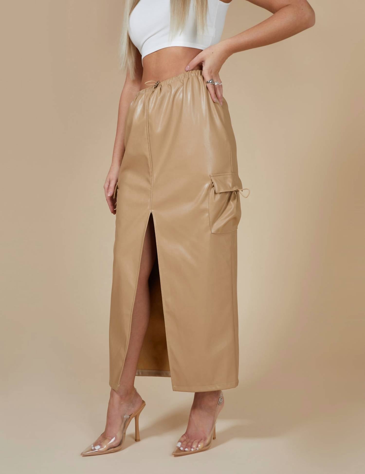 Mustard Seed - Corrie Leather Pocket Detail Cargo Maxi Skirt - brown - clothing - long - skirts