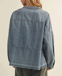 Mustard Seed - Split-neck Frayed Edge Denim Blouse