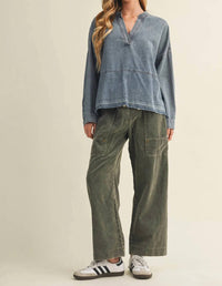 Mustard Seed - Split-neck Frayed Edge Denim Blouse