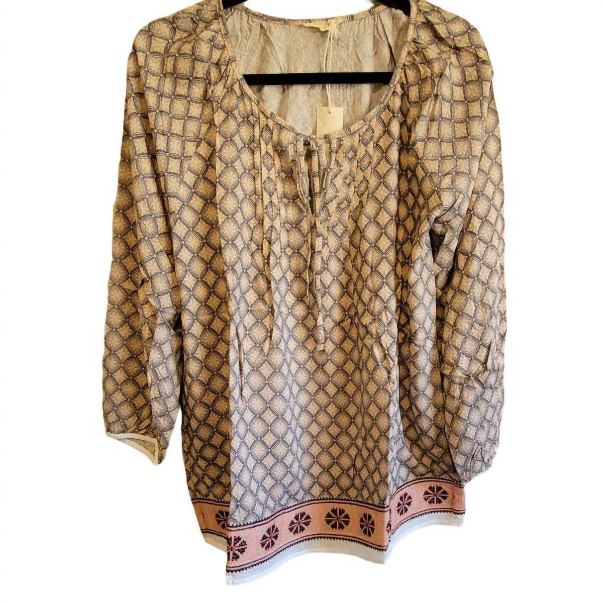 Mystree - Boho Embroidered Border Gathered Sleeves Tunic Top