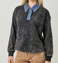 Mystree - Denim Collar Washed Polo Shirt