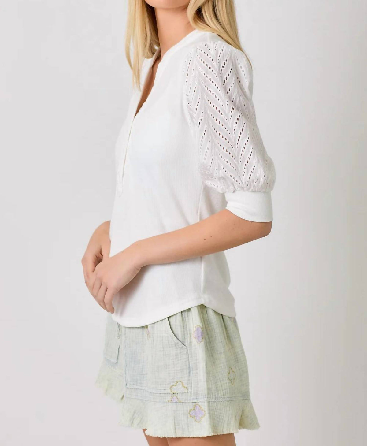 Mystree - Eyelet Puff Sleeve Henley Top