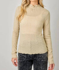 Mystree - Lettuce Edge Mock Neck Eyelet Top