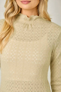 Mystree - Lettuce Edge Mock Neck Eyelet Top