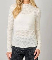 Mystree - Lettuce Edge Mock Neck Eyelet Top