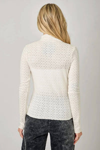 Mystree - Lettuce Edge Mock Neck Eyelet Top