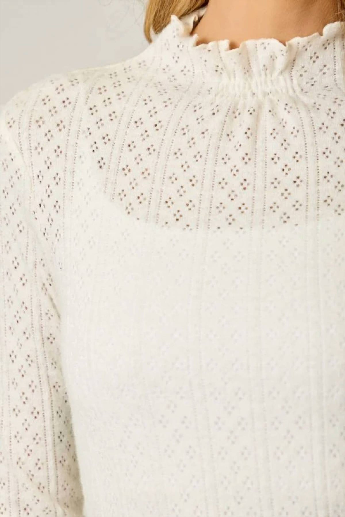 Mystree - Lettuce Edge Mock Neck Eyelet Top
