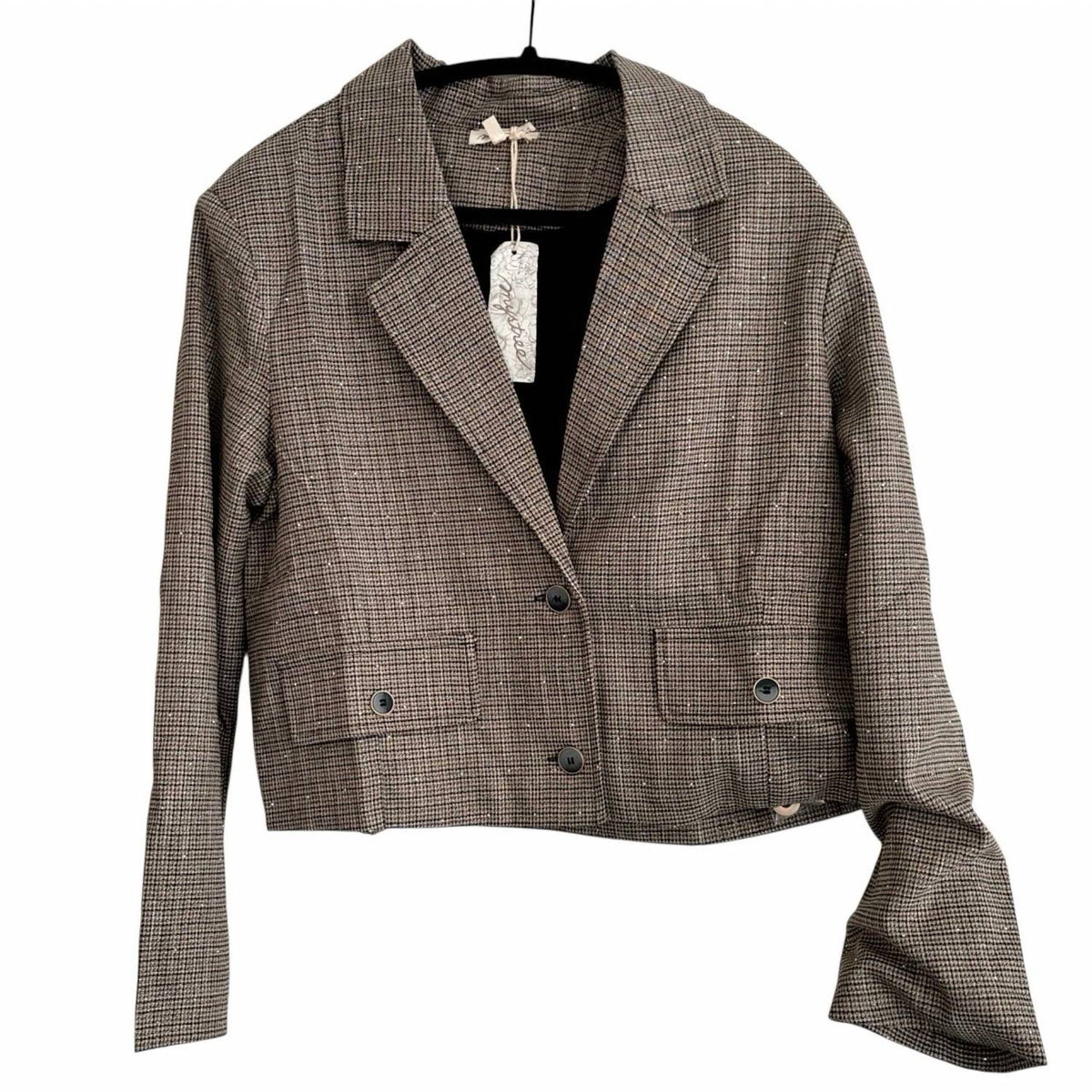 Mystree - Plaid Print Rhinestone Cropped Blazer