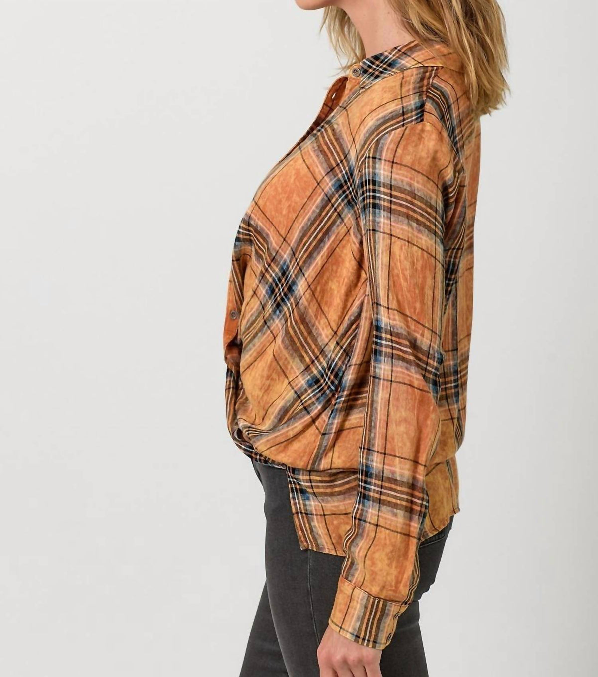 Mystree - Plaid Surplice Button Blouse