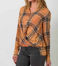 Mystree - Plaid Surplice Button Blouse