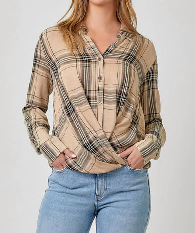 Mystree - Plaid Surplice Button Blouse