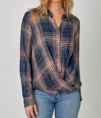 Mystree - Plaid Surplice Button Blouse