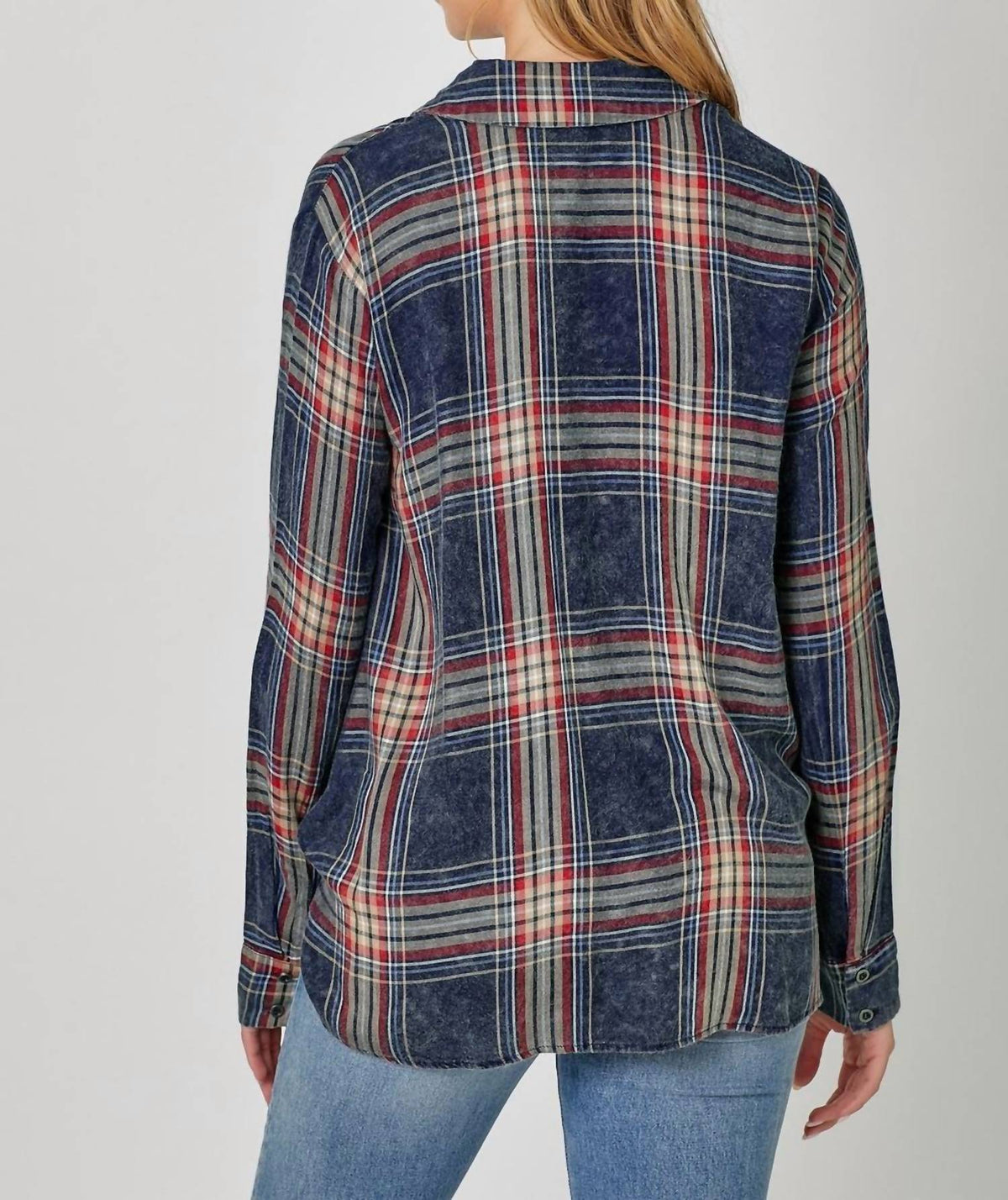 Mystree - Plaid Surplice Button Blouse