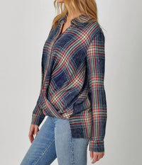 Mystree - Plaid Surplice Button Blouse