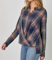 Mystree - Plaid Surplice Button Blouse