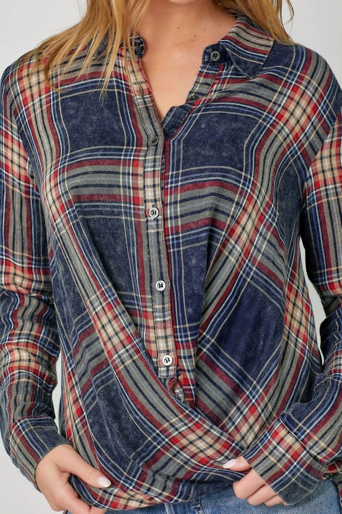 Mystree - Plaid Surplice Button Blouse