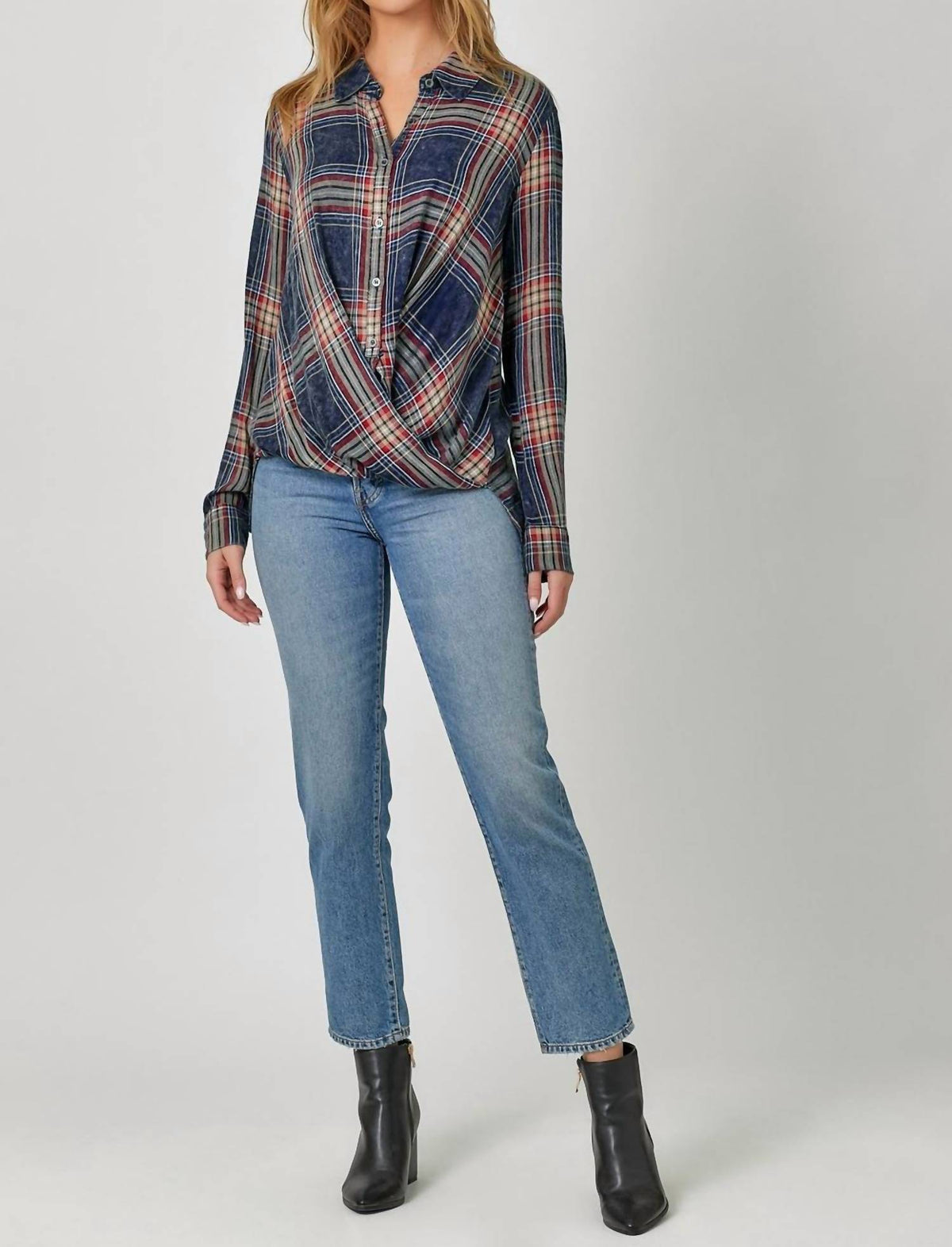 Mystree - Plaid Surplice Button Blouse