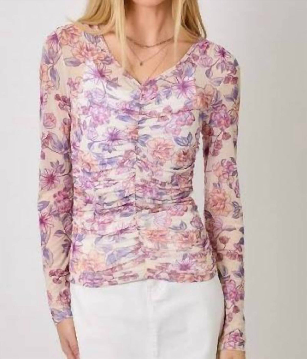 Mystree - Ruching Floral Mesh Top