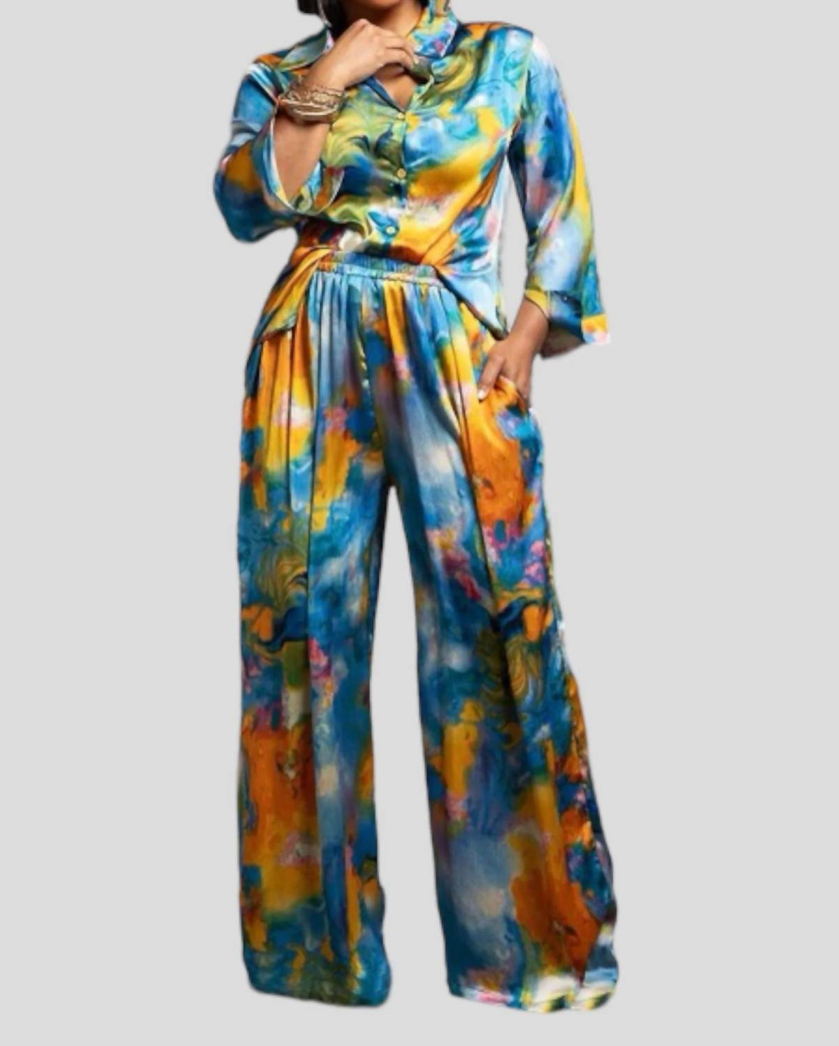 N By Nancy - Cool Breeze Button Front Top And Wide Leg Pants Set
