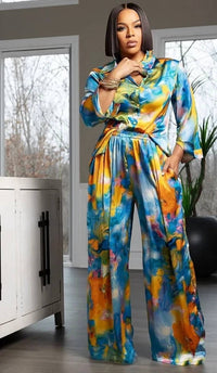 N By Nancy - Cool Breeze Button Front Top And Wide Leg Pants Set