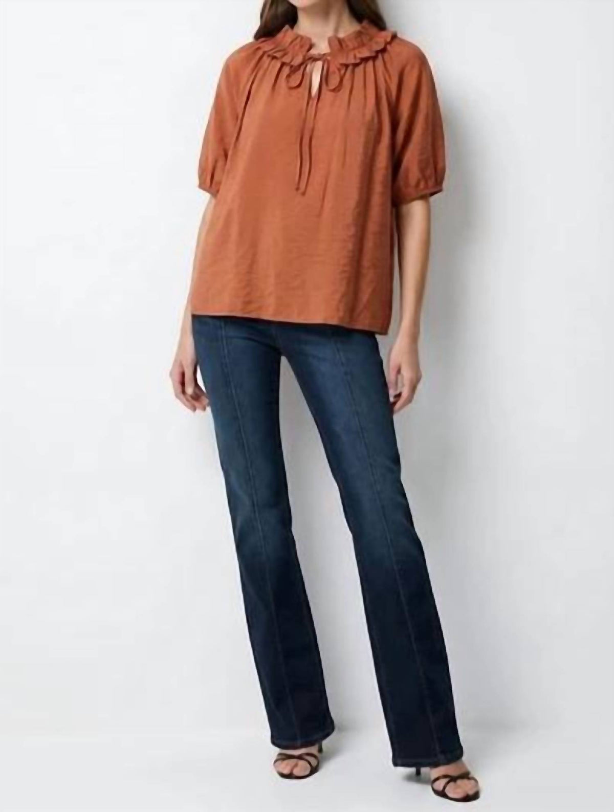 Naked Zebra - Ruffle Collar Short Sleeve Blouse