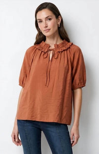 Naked Zebra - Ruffle Collar Short Sleeve Blouse